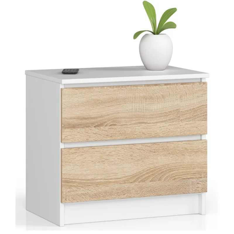 RESIGILAT Noptiera cu 2 sertare din PAL laminat 16 mm, 60x40x55 cm, alb si stejar sonoma Bestseller