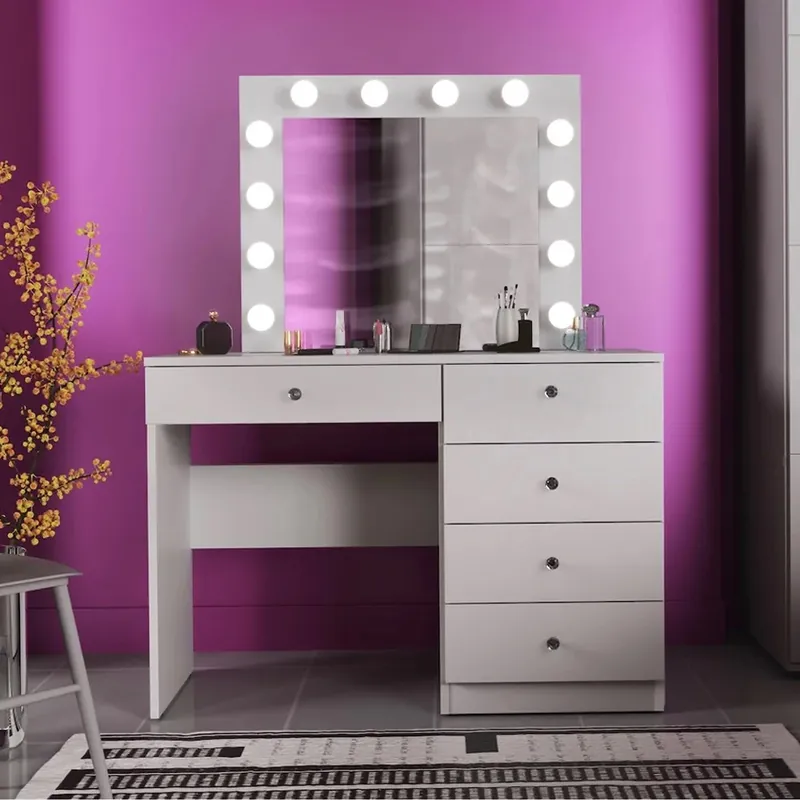 Bestseller RESIGILAT Masa de toaleta si machiaj Cristal 12 LED cu oglinda si 5 sertare, 110x47x77 cm, alb