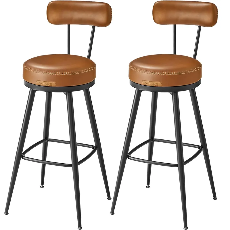 Retur ușor RESIGILAT VASAGLE set 2 scaune de bar rotative 360°, cu spatar, inaltime 101 cm, piele sintetica, cadru otel, stil modern, maro