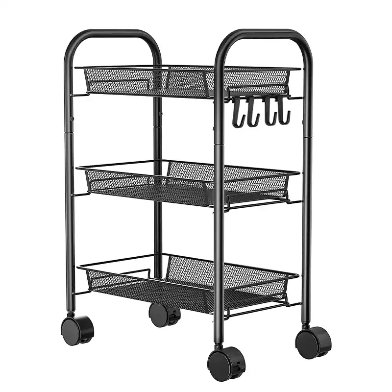RESIGILAT Raft metalic mobil tip carucior pentru bucatarie, 3 polite si 4 agatatori, negru, 44x26x64cm Preferatul clienților