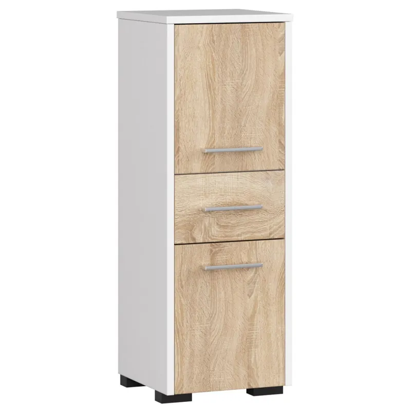 Doar azi Dulap de baie tip baza, cu 2 usi si sertar, PAL 16 mm, 30x30x85 cm, alb si stejar sonoma
