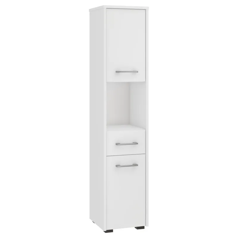 Premium Dulap baie tip coloana cu 2 usi, 1 sertar si rafturi interioare, PAL laminat, 30x30x140 cm, alb