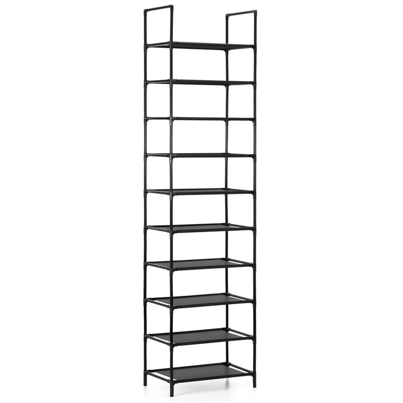 Raft pantofi inalt cu 10 polite, structura metalica si rafturi textile, 45x28x178 cm, negru Mai ieftin