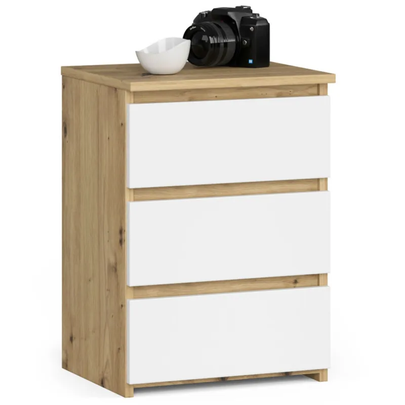 Noptiera cu 3 sertare, PAL laminat 16 mm, 40x35x57 cm, stejar artisan si alb Discount
