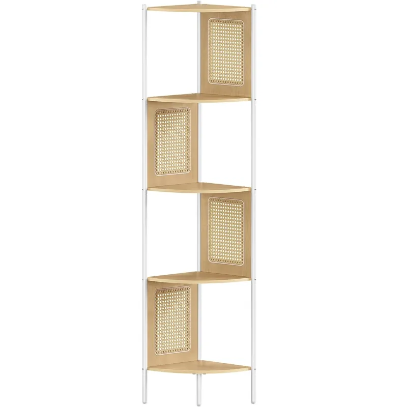 Retur ușor VASAGLE Raft de colt boho, cadru metalic, polite MDF si panouri poliratan, 32x32x156cm, bej