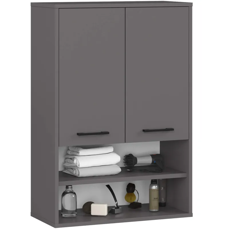 Ofertă exclusivă Dulap baie suspendat, cu 2 usi si 2 rafturi deschise, PAL 16 mm, 64x30x94 cm, gri