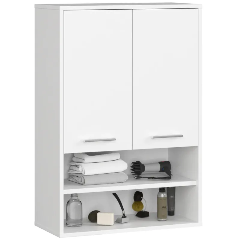 Dulap baie suspendat, cu 2 usi si 2 rafturi deschise, PAL 16 mm, 64x30x94 cm, alb Comandă acum