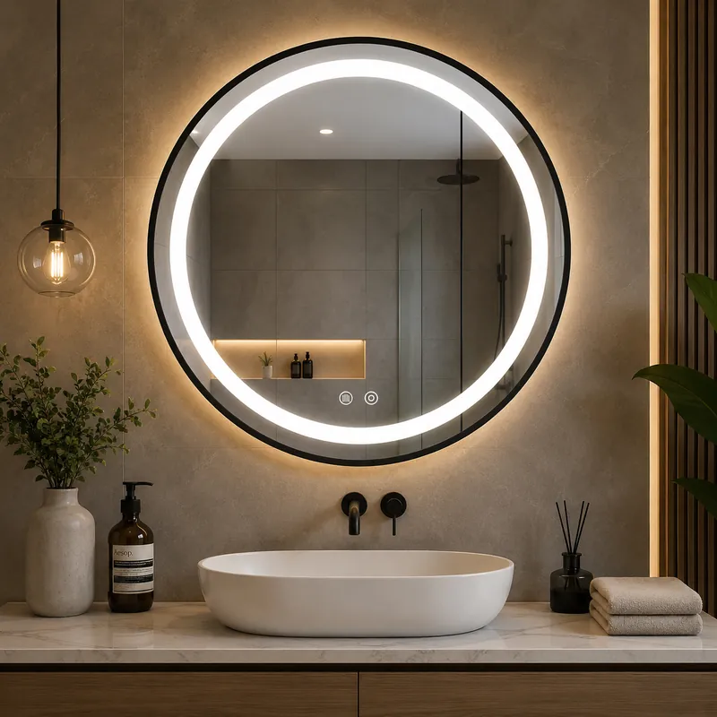 Oglinda baie LED rotunda cu functie anti-aburire, iluminare reglabila cu control tactil, 80 cm, negru Reduceri