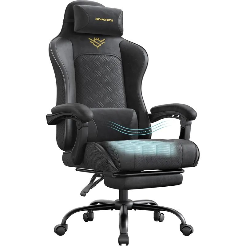 SONGMICS Scaun gaming ergonomic cu suport picioare, spatar reglabil 90-135°, perne lombare si tetiera, 70x70x133 cm, negru Livrare rapidă