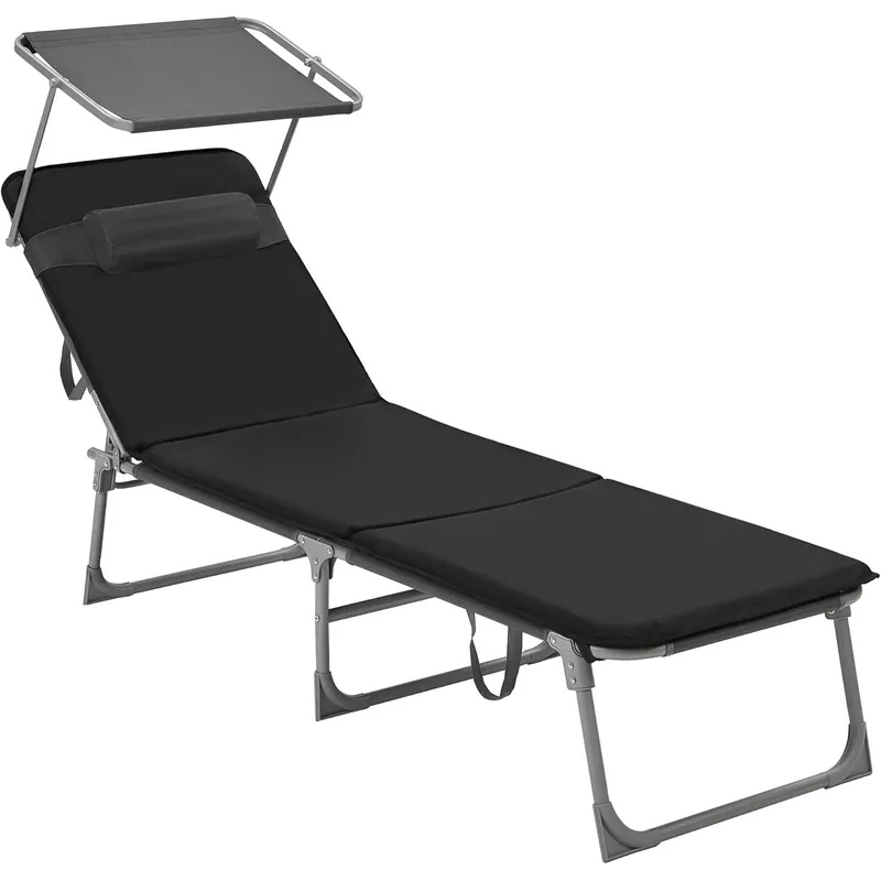 SONGMICS Sezlong pliabil cu saltea, parasolar si tetiera, spatar reglabil 4 pozitii, cadru metalic, 193x53x29 cm, maxim 150 kg, negru Preț promoțional