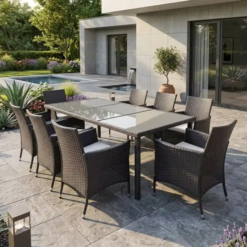 Set mobilier gradina 8 scaune si masa 196x98x73 cm, ratan si cadru otel zincat, blat masa sticla securizata, maro Lichidare de stoc