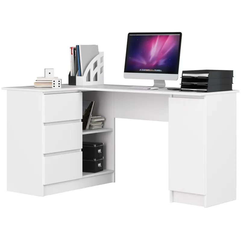 Preț redus Birou colt stanga in L cu 3 sertare si rafturi, PAL laminat 16 mm, 155x85x77 cm, alb