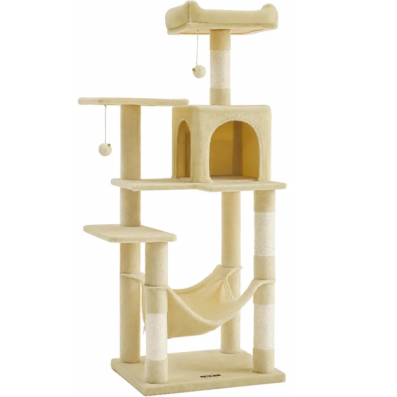 Mai ieftin FEANDREA Ansamblu joaca pentru pisici cu 2 platforme, pestera, hamac si stalpi sisal, 55x45x143 cm, bej