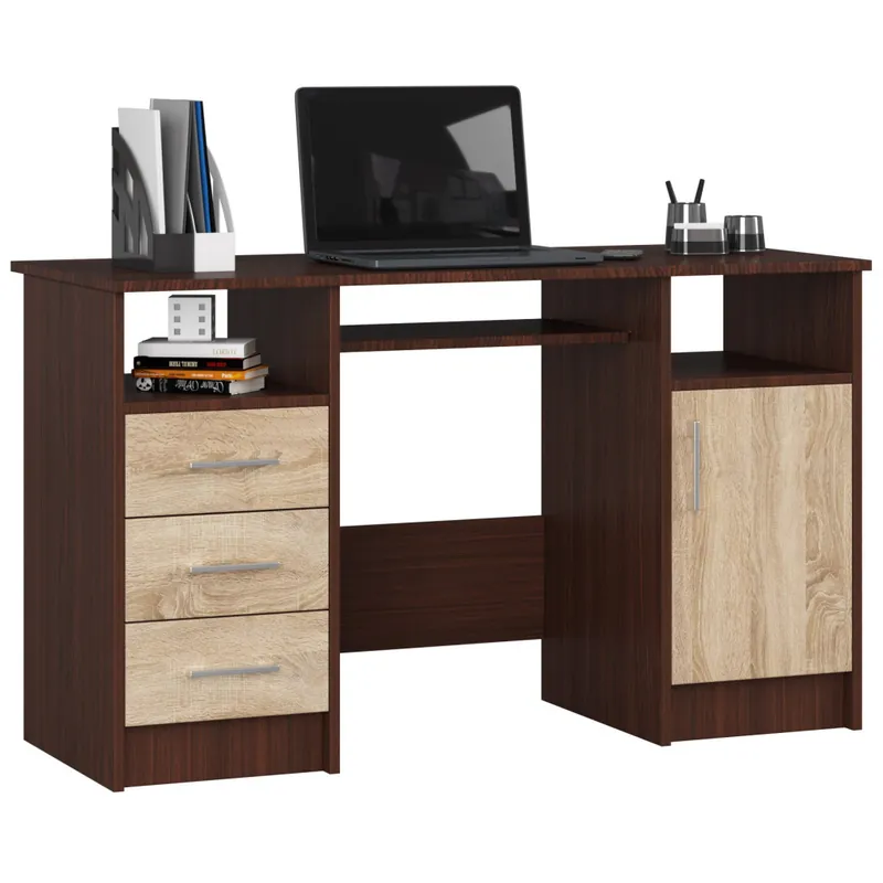 Birou ANA pentru calculator, cu 3 sertare si 1 usa, 124x52x74 cm, maro wenge si stejar sonoma Ieftin