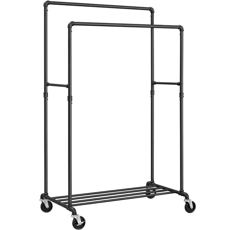 Popular SONGMICS Suport pentru haine, cu raft si sine de agatat duble, cadru metalic, cu roti, 59x100x162cm, industrial, negru