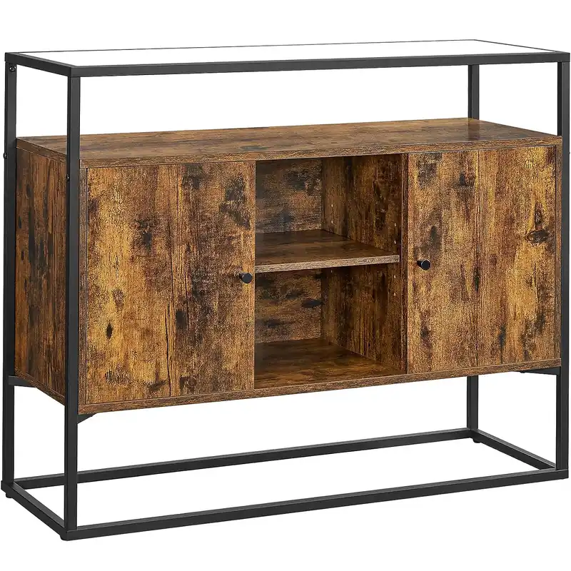 Premium (DL) VASAGLE Comoda de depozitare tip bufet, cu polita de sticla, 6 compartimente, 2 usi, industrial, 35x100x80cm, maro rustic si negru