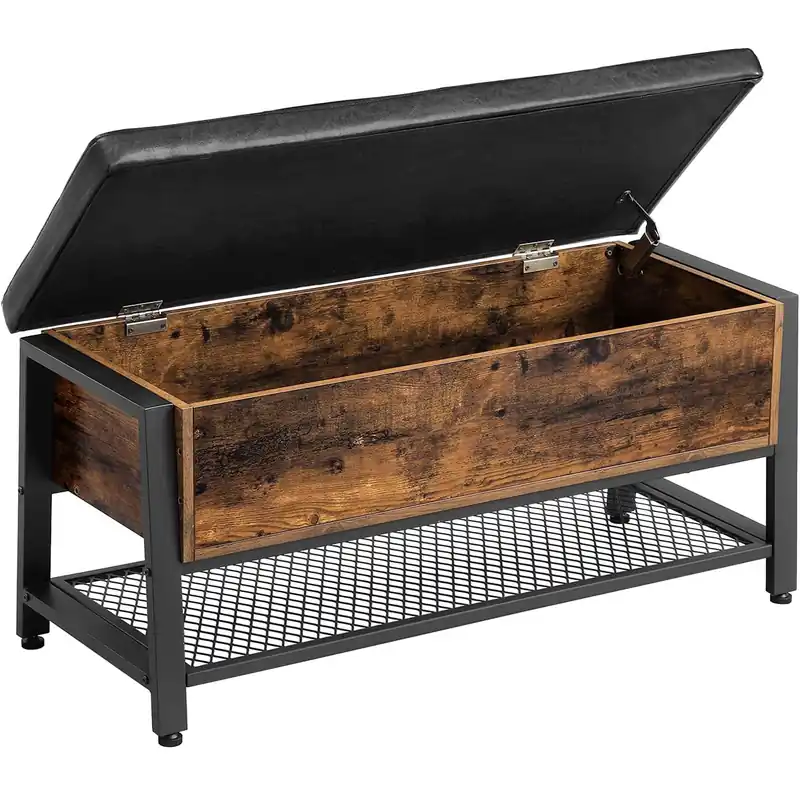 Ofertă VASAGLE Pantofar de lemn cu spatiu de depozitare tip banca, cu sezut captusit si polita depozitare, stil industrial, 100x40x47cm, maro rustic si negru