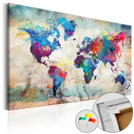 Cumpără online Tablou din plută - World Map Colourful Madness [Cork Map] 90x60 cm