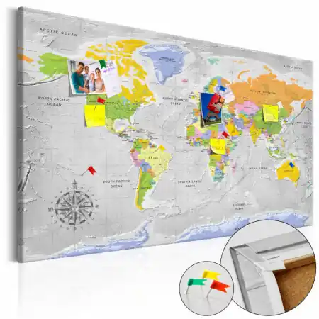 Disponibil imediat Tablou din plută - World Map Wind Rose [Cork Map] 120x80 cm