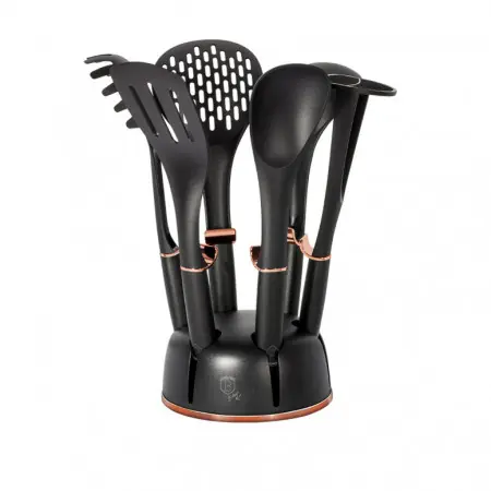 Livrare expres Set Ustensile de Bucatarie, 7 piese cu suport, negru- Rose Gold