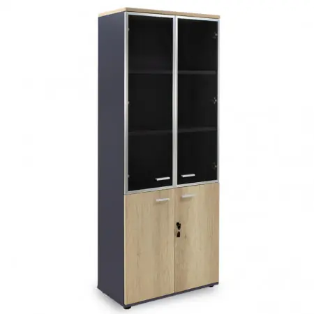 Biblioteca Lotus cu patru usi din sticla si lemn de stejar - culoare gri inchis 80x40x200cm Nu rata