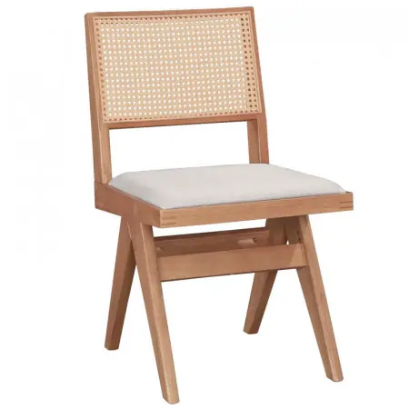 Scaun Winslow lemn de arbore de cauciuc, culoarea nuc - pvc ratan culoare lemn natural - material textil gri Preț mic