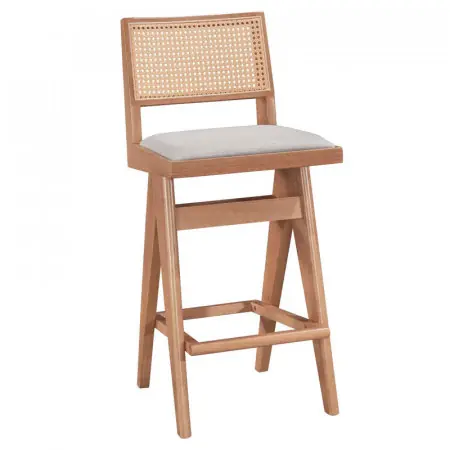 Plată securizată Scaun de bar Winslow lemn de arbore de cauciuc, culoarea nuc deschis pvc ratan culoare lemn natural, material textil gri