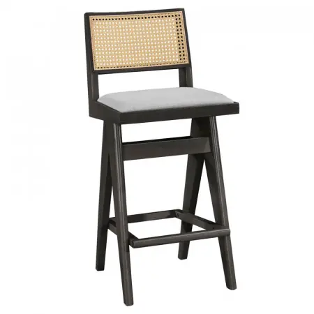Promoție Scaun de bar Winslow lemn de arbore de cauciuc negru - pvc ratan material culoare lemn natural - gri