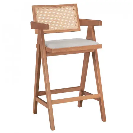 Preț mic Scaun de bar cu brate Winslow lemn de arbore de cauciuc, culoarea lemn deschis, culoarea nuc - pvc ratan material culoare lemn natural - gri