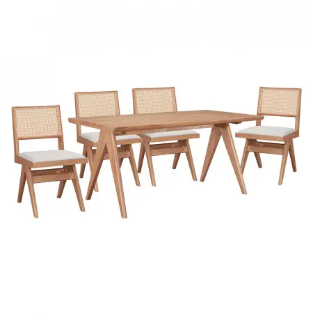 Super ofertă Set masa si scaune pentru sufragerie Winslow set 5 piese lemn de arbore de cauciuc, culoarea nuc deschis 160x85x75cm