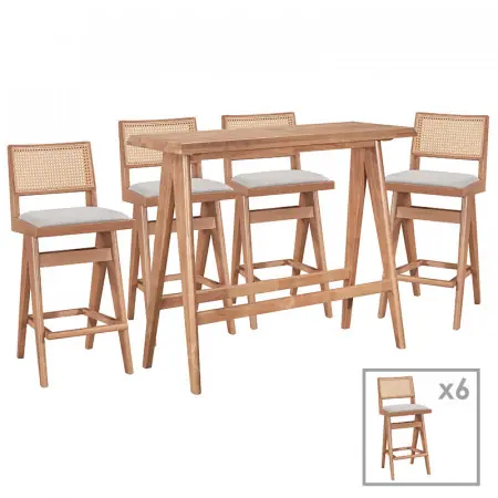 Set bar masa si scaune pentru sufragerie Winslow set 7 piese lemn de arbore de cauciuc, culoarea nuc deschis 120x45x100cm Premium