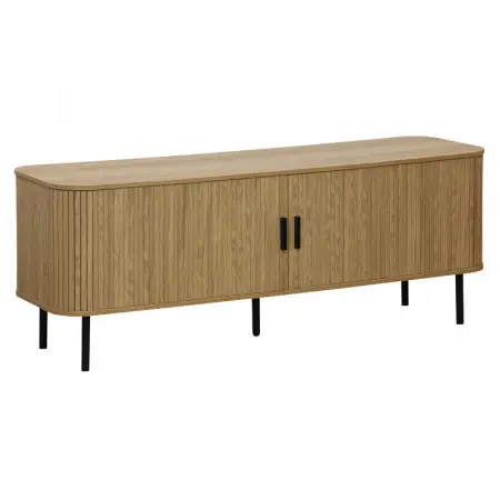 Comoda TV - Consola de dimensiuni medii Scandi MDF culoare lemn naturala cu picioare din metal negru 150x45x57.5cm Cumpără acum