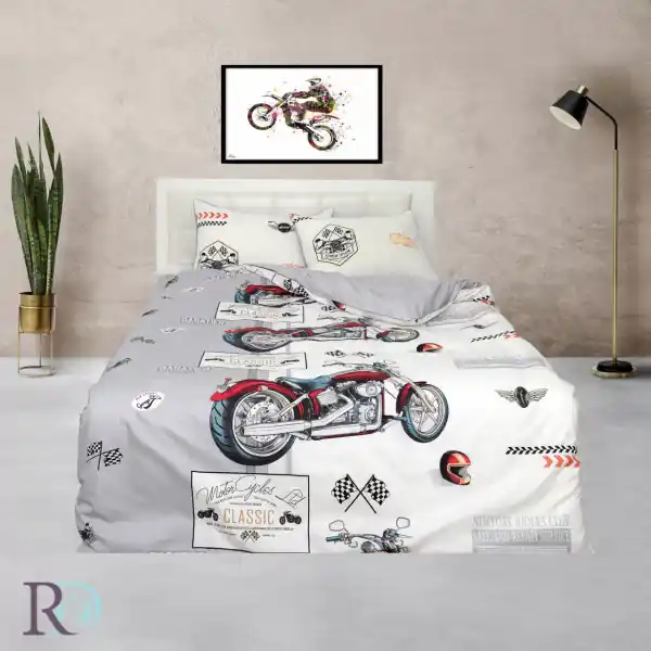 Lenjerie de pat pentru copii, 100% bumbac, tesatura satin, alb / gri, Roxyma Dream Motor Reducere extra