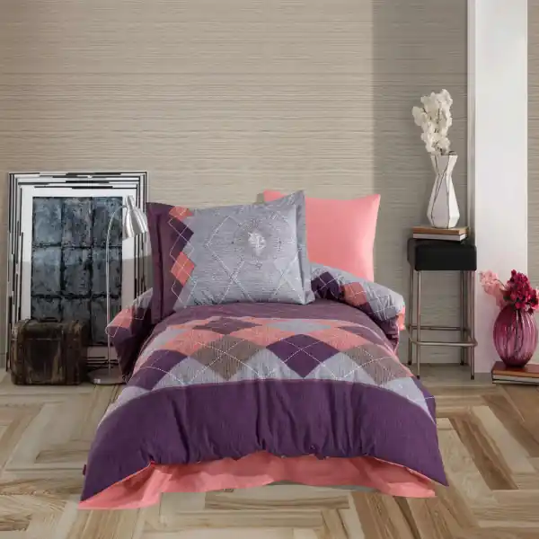 Lenjerie de pat, 100% bumbac, tesatura poplin, pat 1 persoana, violet / gri, Pembe Bestseller