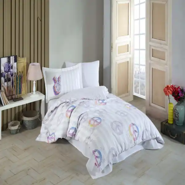 Lenjerie de pat, 100% bumbac, tesatura poplin, pat 1 persoana, alb, Peace Expediere rapidă