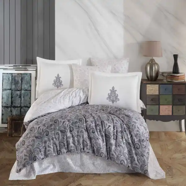 Lenjerie de pat, 100% bumbac, tesatura satin, pat 2 persoane, alb / gri, Mirabel Cumpără online