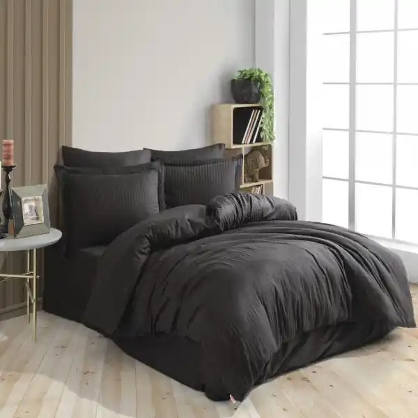 Ofertă limitată Lenjerie de pat, 100% bumbac, tesatura satin, pat 2 persoane, negru, Diamond Damasc