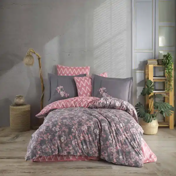 Discount Lenjerie de pat, 100% bumbac, tesatura poplin, pat 2 persoane, roz / gri inchis, Alanza