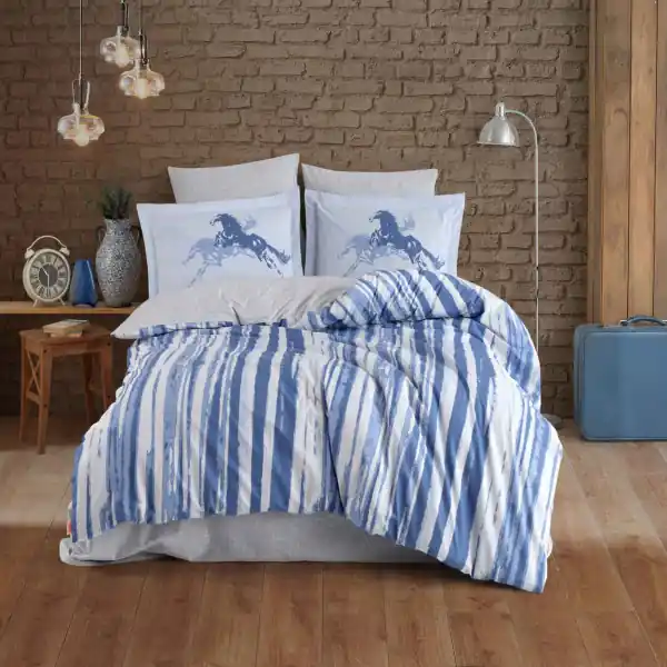 Plată securizată Lenjerie de pat, 100% bumbac, tesatura poplin, pat 2 persoane, alb / albastru, Cascade