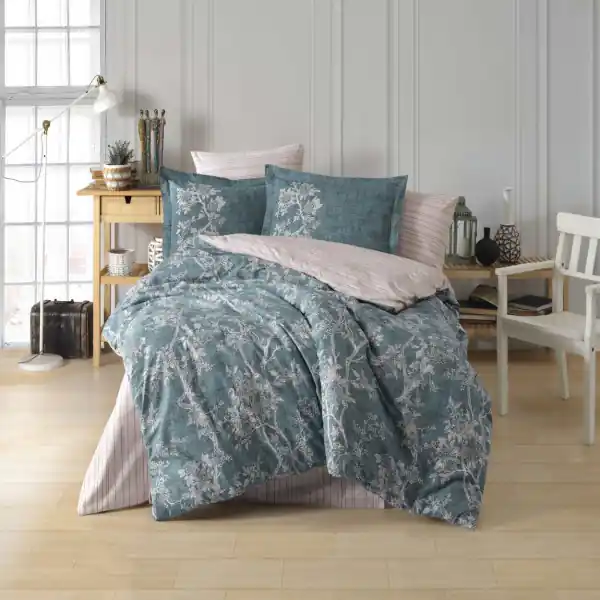 Lenjerie de pat, 100% bumbac, tesatura poplin, pat 2 persoane, turcoaz inchis / bej, Dream Chilipir
