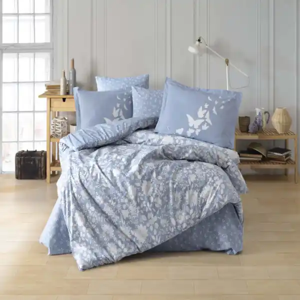 Lenjerie de pat, 100% bumbac, tesatura poplin, pat 2 persoane, alb / albastru, Hira Expediere rapidă
