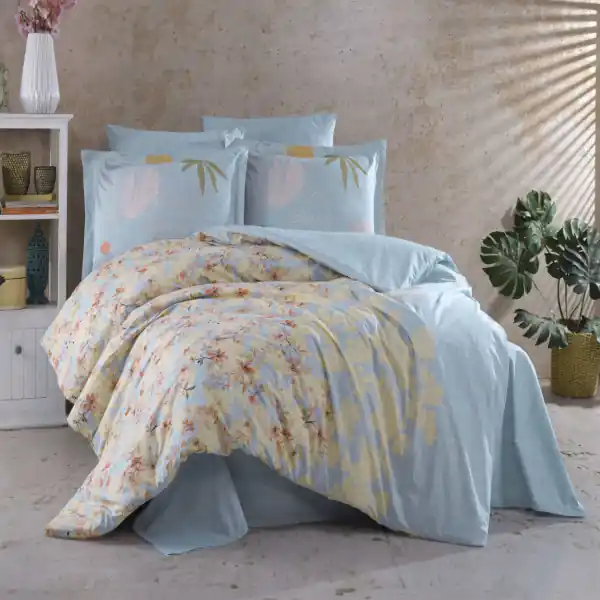 Lenjerie de pat, 100% bumbac, tesatura poplin, pat 2 persoane, galben / albastru, Lili Ieftin