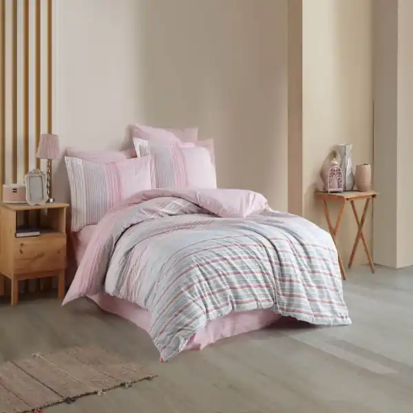 Lenjerie de pat, 100% bumbac, tesatura poplin, pat 2 persoane, alb / roz, Trella Disponibil imediat