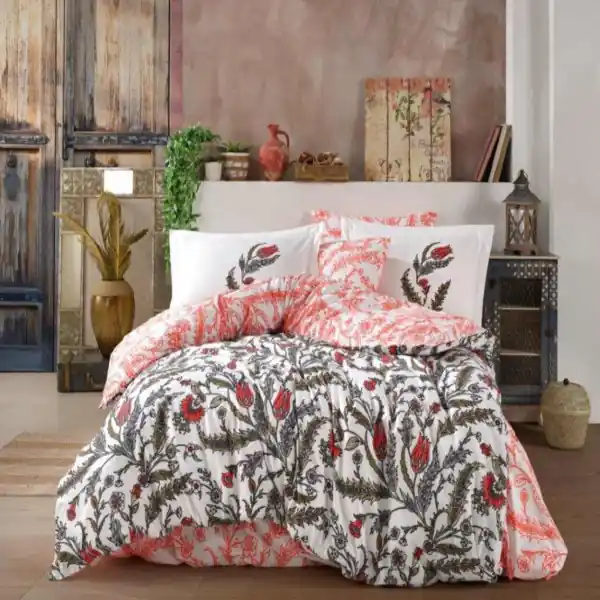 Cel mai vândut Lenjerie de pat, 100% bumbac, tesatura poplin, pat 2 persoane, rosu / alb, Sophia