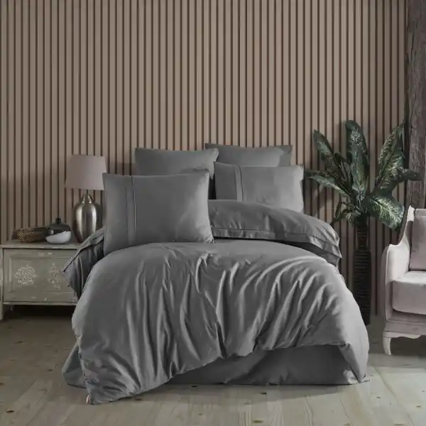 Livrare expres Lenjerie de pat, 100% bumbac, tesatura satin, pat 2 persoane, 6 piese, gri inchis, Plain