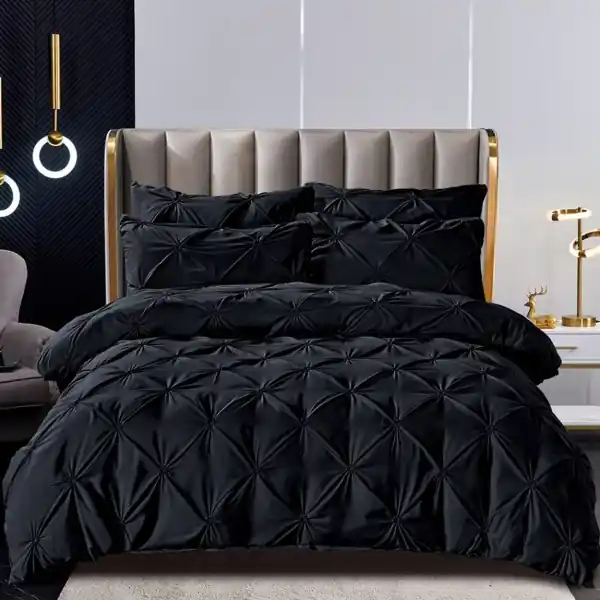 Lenjerie de pat uni cu elastic, tesatura tip finet, pat 2 persoane, 6 piese, negru, FNJSE-01 Super ofertă