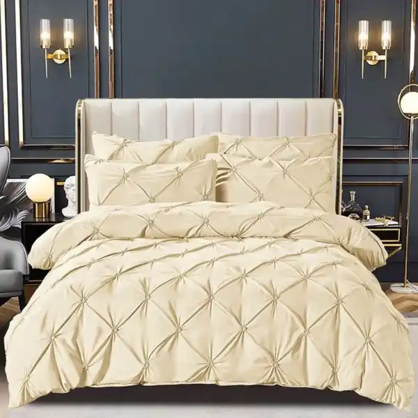 Mai ieftin Lenjerie de pat uni cu elastic, tesatura tip finet, pat 2 persoane, 6 piese, crem, FNJSE-08
