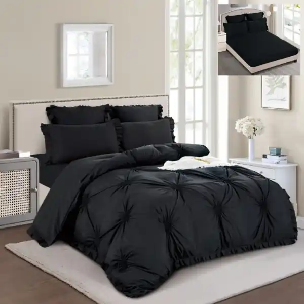 Lenjerie de pat uni cu pliuri si broderie, tesatura tip finet, 6 piese, pat 2 persoane, negru, T1-15 Comandă acum