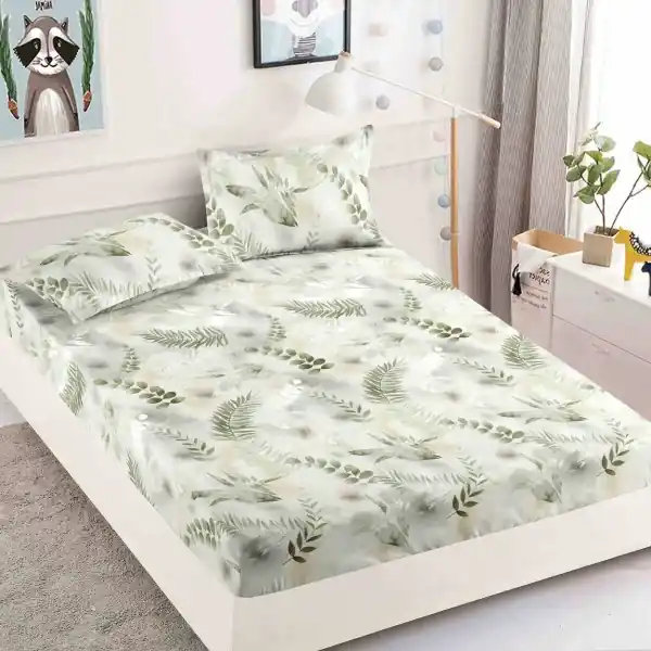 Husa de pat cu elastic si 2 fete de perna, tesatura tip finet, pat 2 persoane, gri / verde, HBF-271 Preț redus