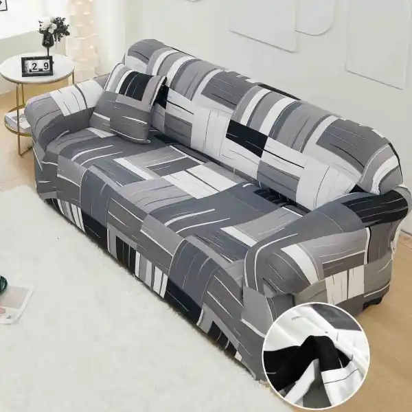 Husa elastica moderna pentru canapea 2 locuri, poliester / spandex, alb / gri, HEJ2-64 Cel mai bun preț